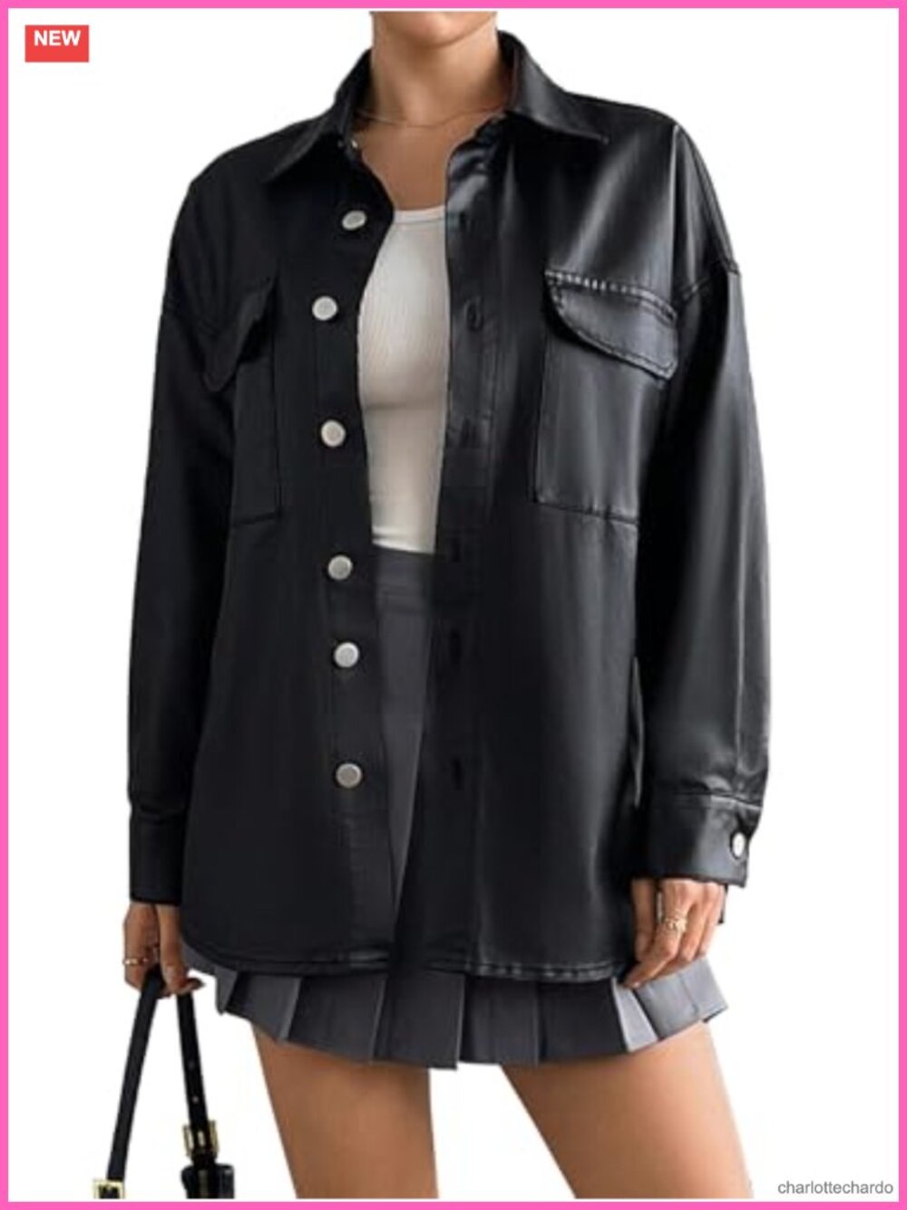 Faux Leather Moto Jacket Loose Fit Long Sleeve Multiple Pockets Fall Coat